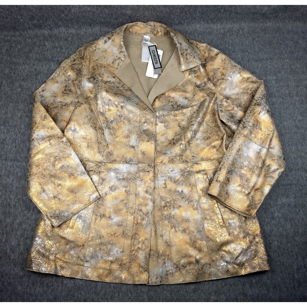 Chicos Leather Jacket Copper Boa Reversible Animal Print/Solid Sz 2 L Nwt Read